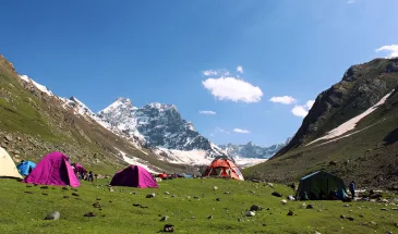 View of lush meadows with camps set up and snow capped mountains in the background during the Thallay la Trek