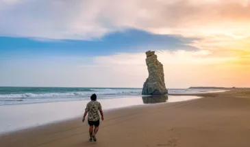 A person walking on the shore during sunset at the Sapat Beach in Balochistan